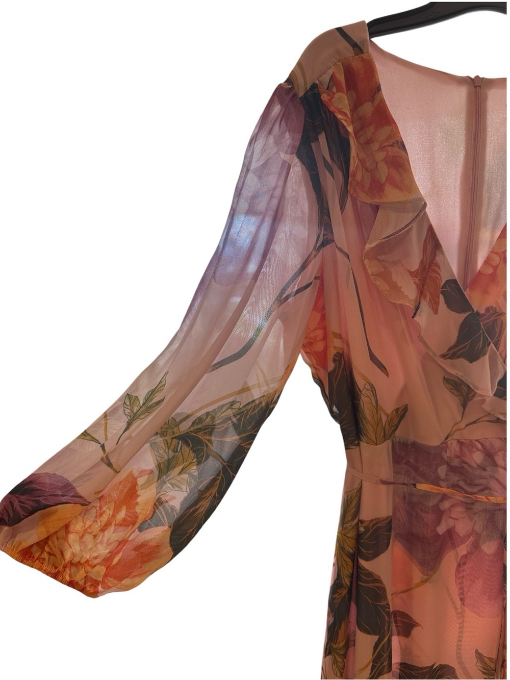 ELEGANT FLORAL WRAP MAXI DRESS 3/4 SLEEVE V-NECK TIERED RUFFLE HEM Women’s 16 - Picture 4 of 15
